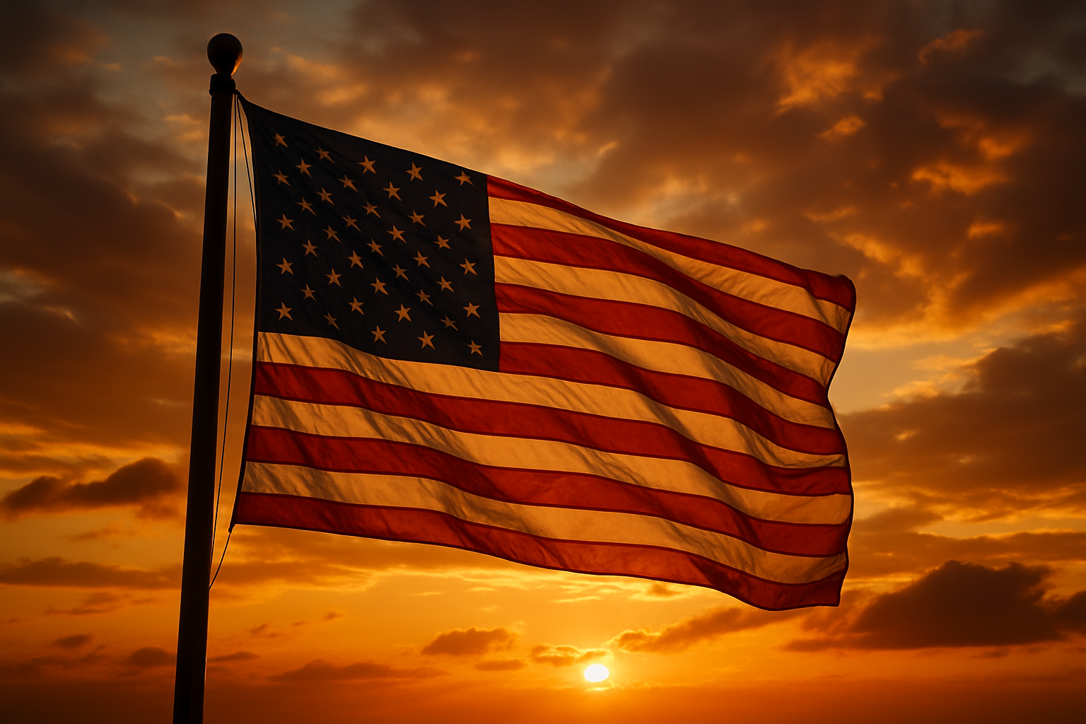 american flag waving in the wind with a beatiful sunset 